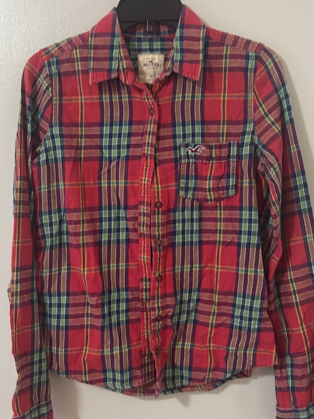 Hollister Red and Green Plaid Men's Long-Sleeve Button-Down Shirt